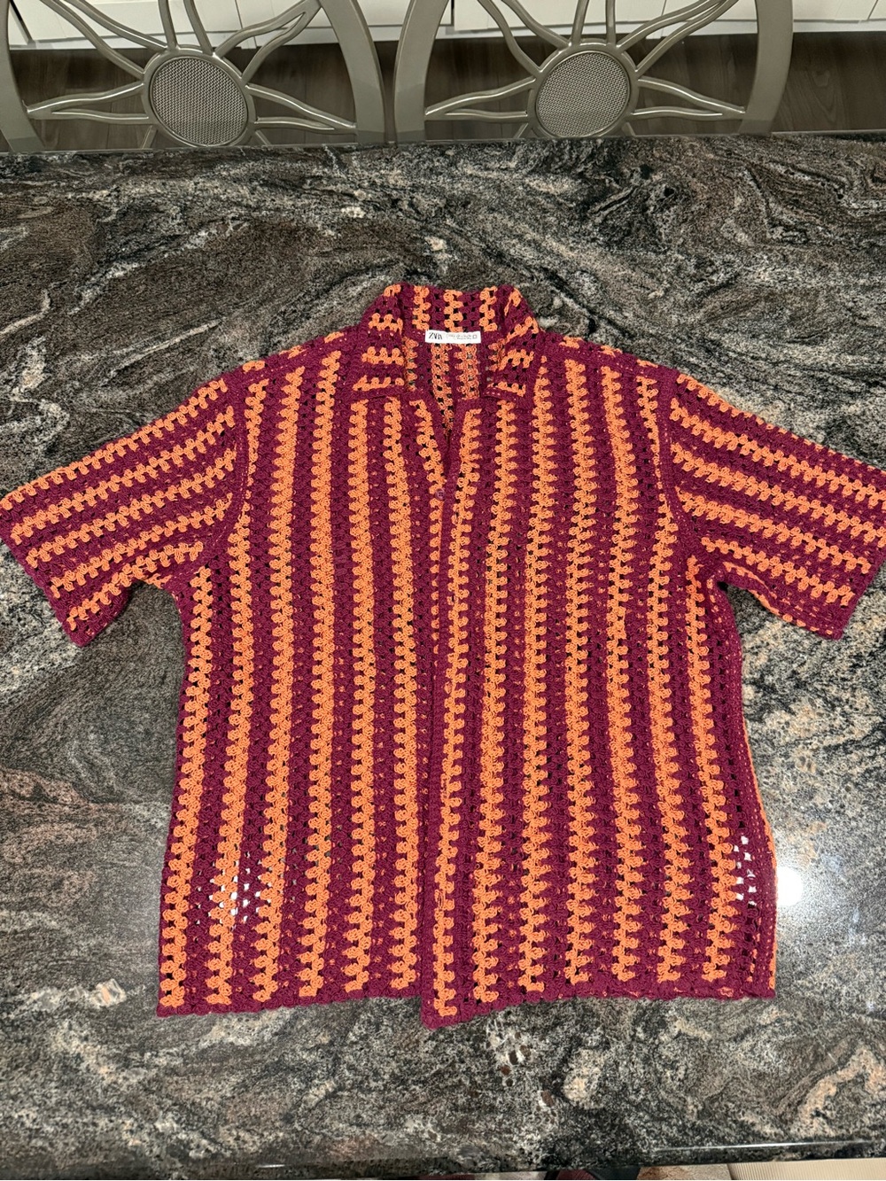 Zara Men's Crochet Short-Sleeve Shirt in Red and Orange